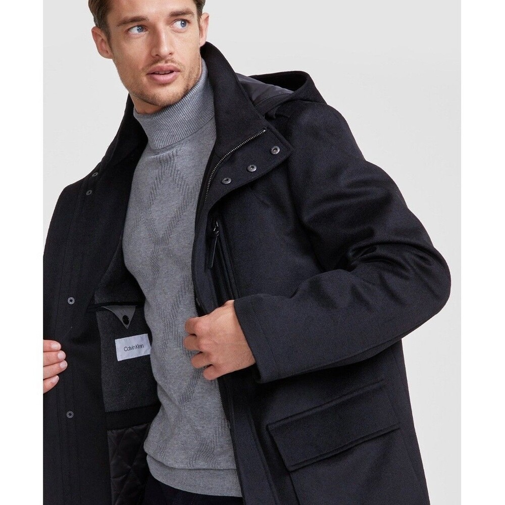 NEW CALVIN KLEIN Mens 40L Black Soft X Slim 36" Long Hooded OverCoat Jacket